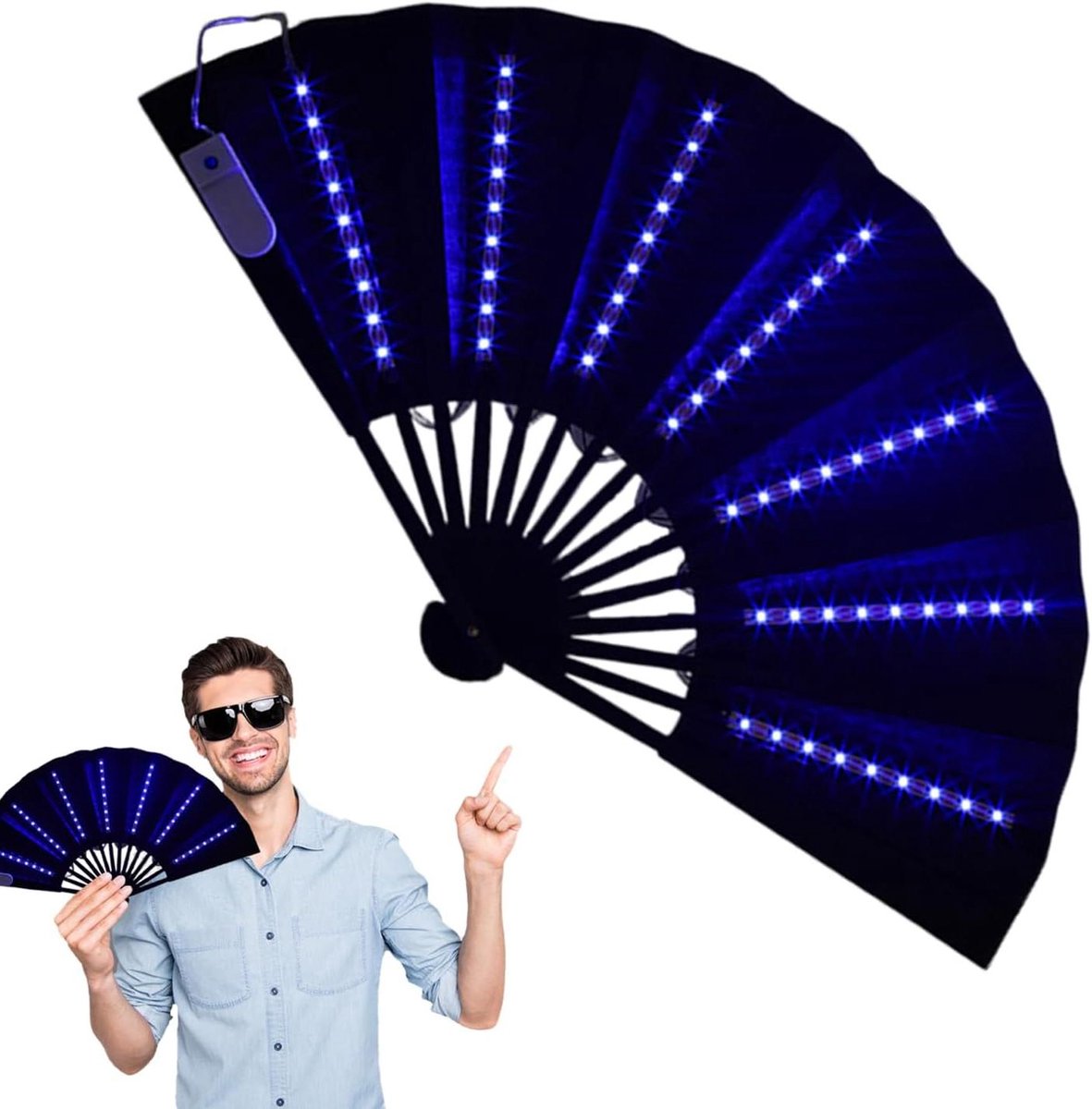 Vouwventilator - Handwaaier Verlichting - Feestelijke Sfeer - Met LED Lampjes - 33 cm - Blauw