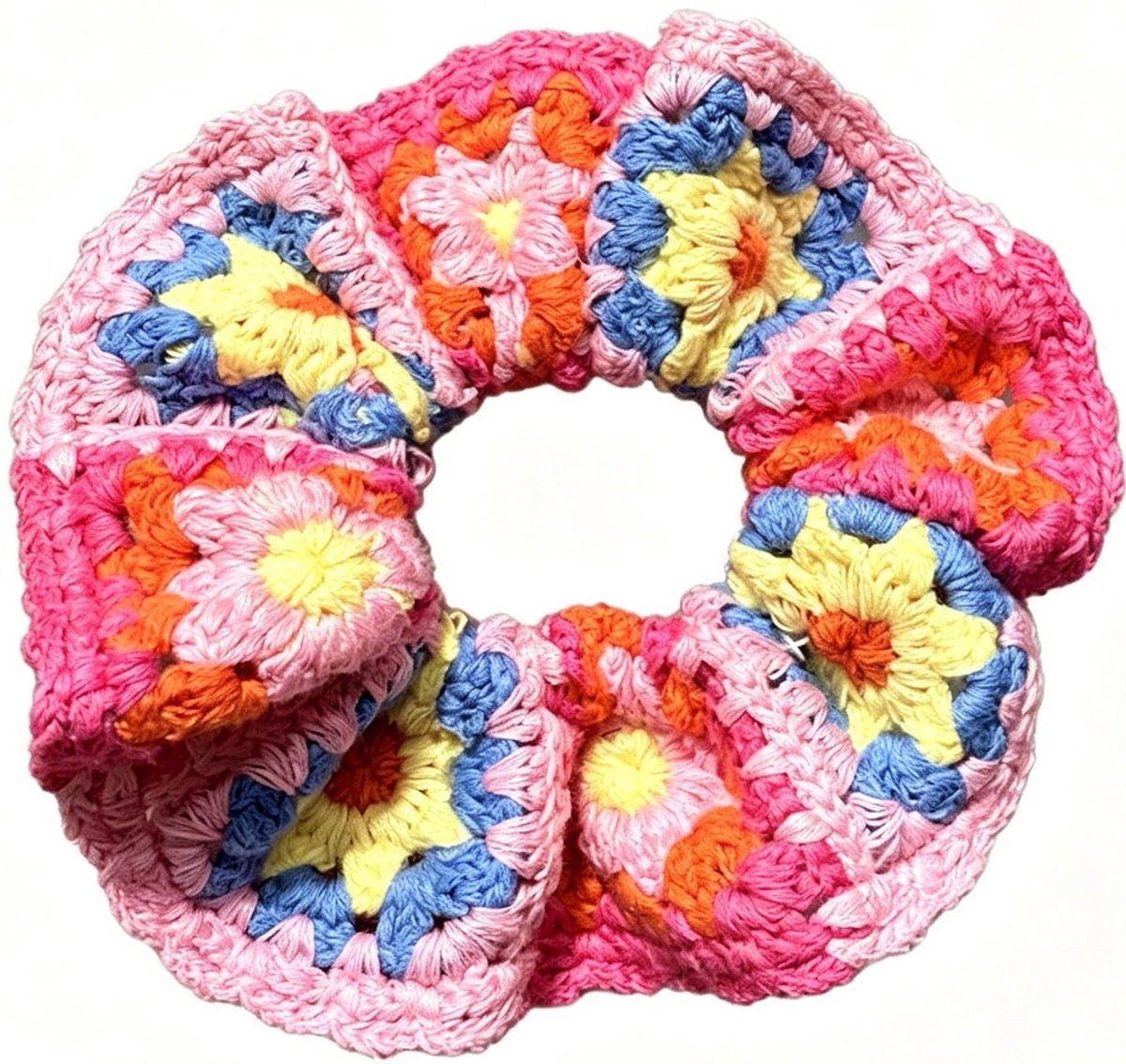 Scrunchie - gebreid - bloemen - 14 cm