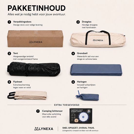 LYNEXA® Tent - Pop up Tent voor 2 tot 3 persoons - Waterdichte Kampeertent - Automatische Camping Tent -Snel Opzetbaar - UV Bescherming - Kamperen & Outdoor - Festival Tent - Lichtgewicht - Inclusief Draagtas & Campinglamp - 245x215x145cm - Zandkleur — afbeelding 4