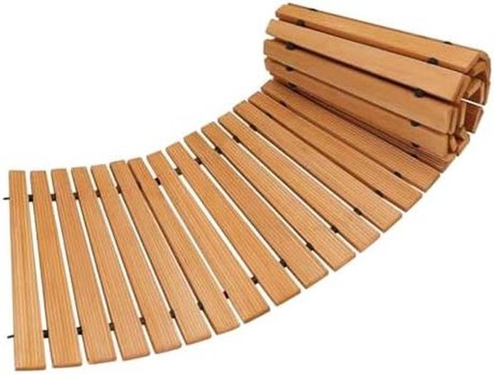 Een deels opgerolde houten loopbrug, bestaande uit vele dunne, gebogen houten planken.