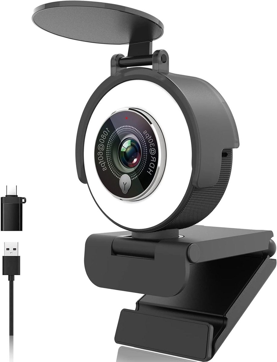 Webcam HD - Streaming Camera - Online Vergaderen - Verstelbaar Ringlicht - 1080P - Zwart