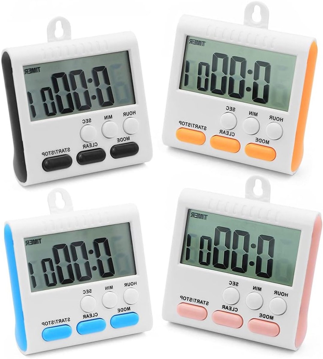Digitale Keuken Timer Set van 4 Stuks met Alarm en Magnetische Bevestiging voor Koken, Badkamer en Gym - Ideaal voor Kinderen en Leraars