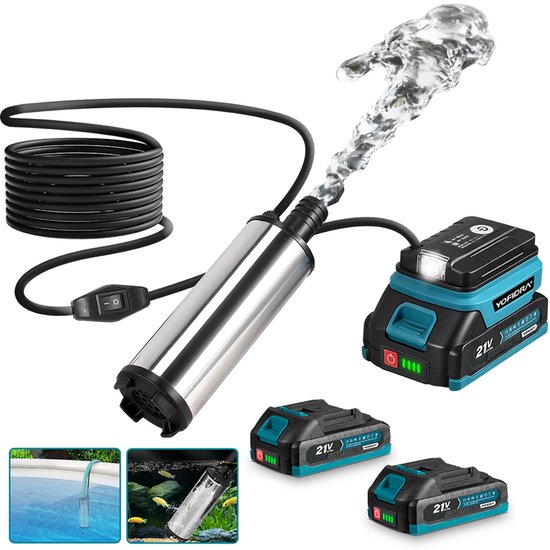 Een roestvrijstalen dompelpomp met aan/uit-schakelaar en 21V accu met LED-werklamp.
