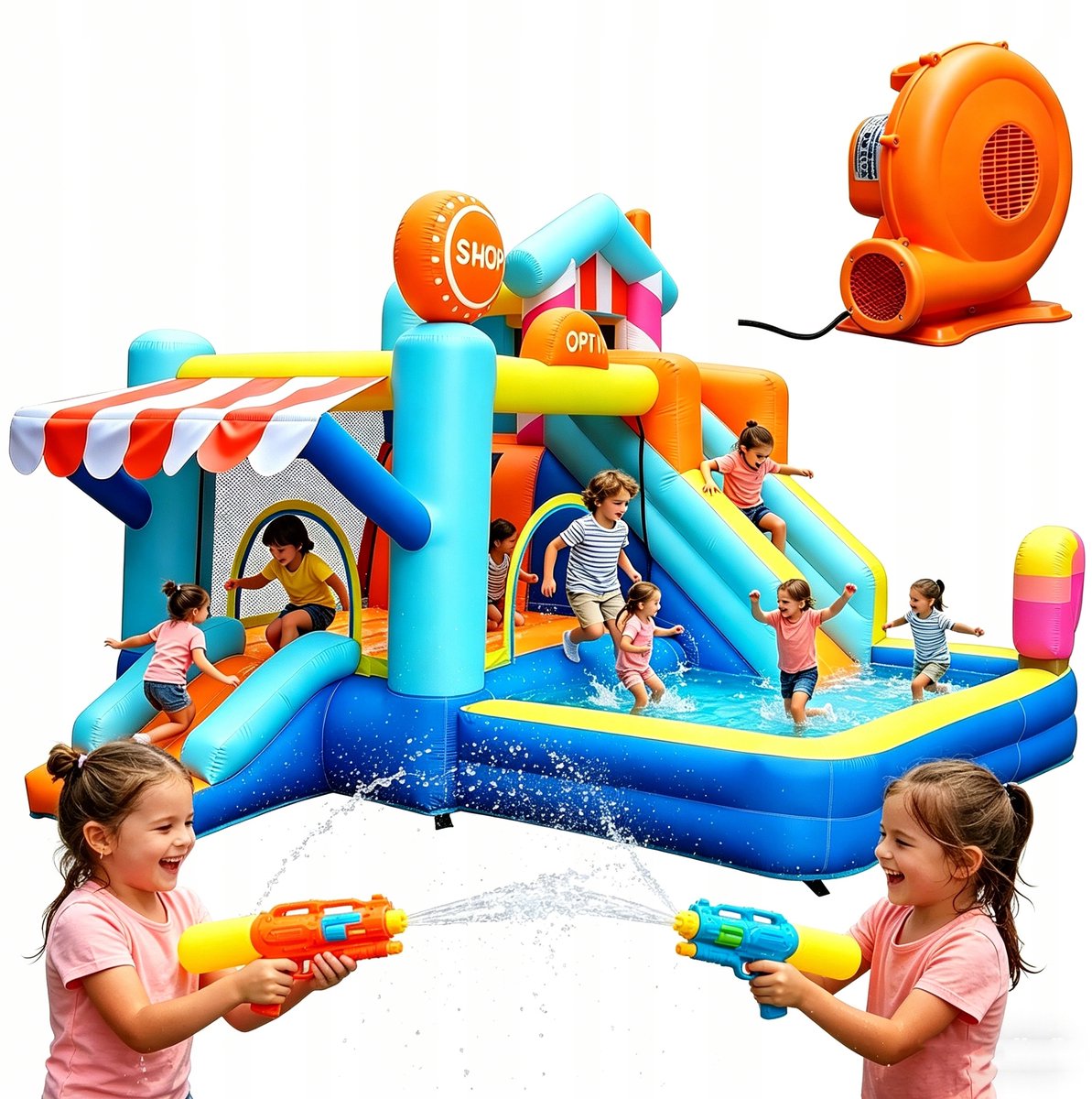 DOCTOR DOLPHIN Opblaasbaar Waterkasteel - Waterglijbaan + Zwembad + Trampoline - 395x340x236 cm - Voor 3-12 jaar, 3-6 kinderen - Incl. 450W Blower, 2 Waterpistolen & Opbergtas