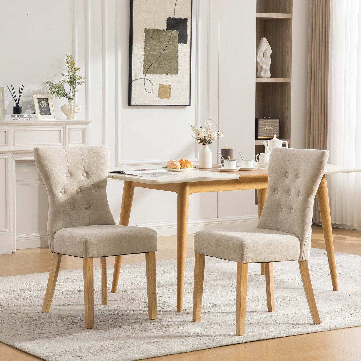 Clruro Eetkamerstoel - Set van 2 - Massief Hout Chenille Eetkamerstoel - Nieten Detail - Hout Chenille - Beige