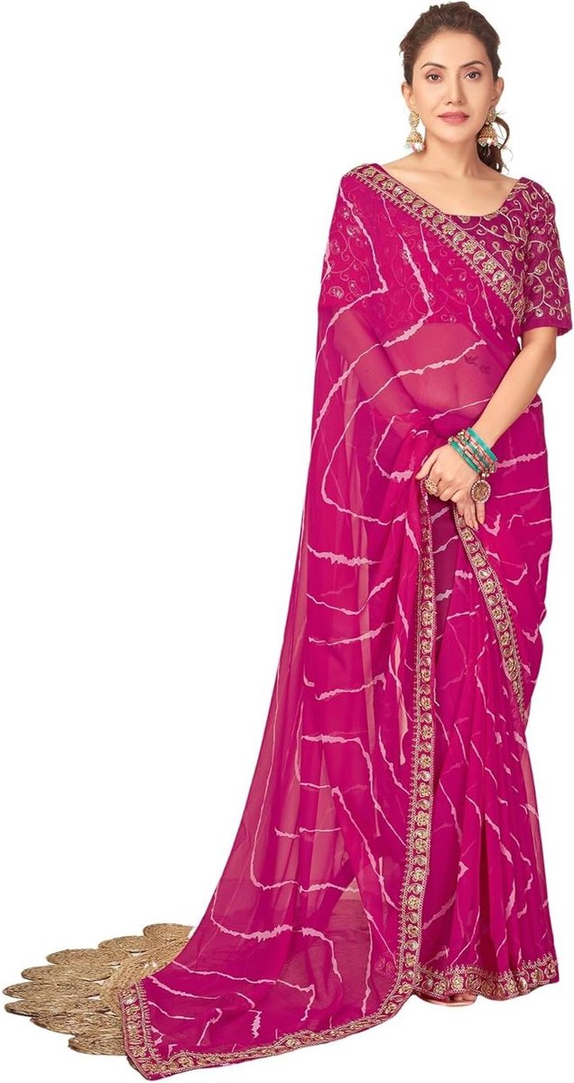 Dames Saree - Traditioneel gewaad - Feestelijke gelegenheid - Bedrukte stof - Onopengesneden blouse - Veelkleurig