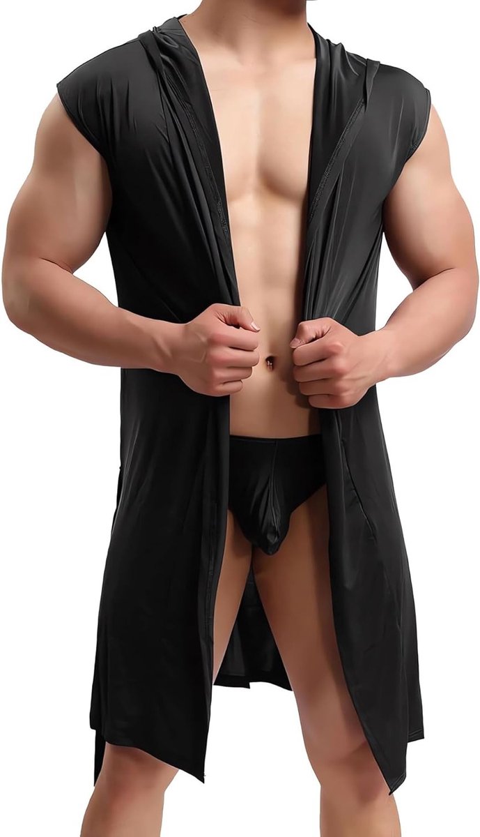 Heren Badjas met Kap - Mouwloze Zijden Pyjama en Nachtkleding - Lichtgewicht Spa Robe met Ceintuur voor Comfortabel Thuisgebruik en Zomeravonden