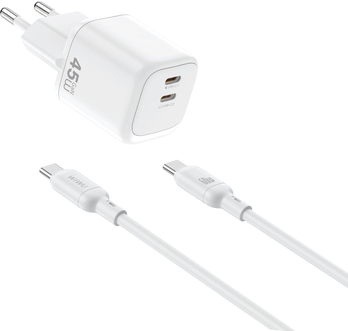 WiWU Oplader Cube 45W USB-C - Dual Type-C Snellader met PD Technologie - Combo - Wit