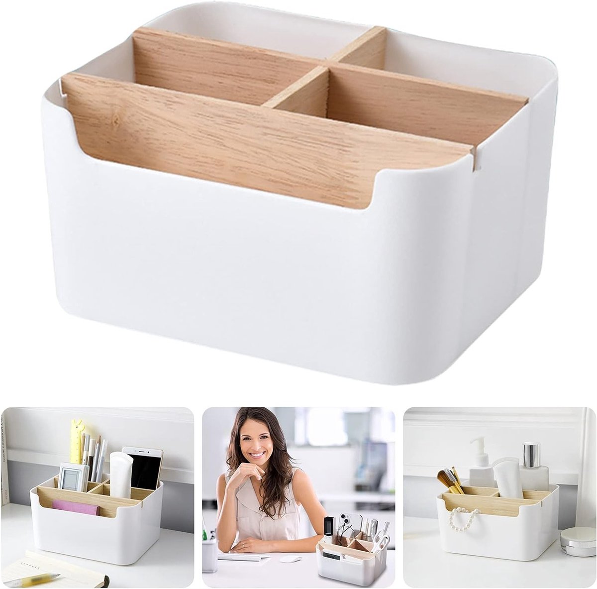 Houten Bureau Organizer met 5 Compartimenten, Multifunctionele Opbergbak voor Kantoor en Thuis, Deskundige Accessoires en Sieradenhouder