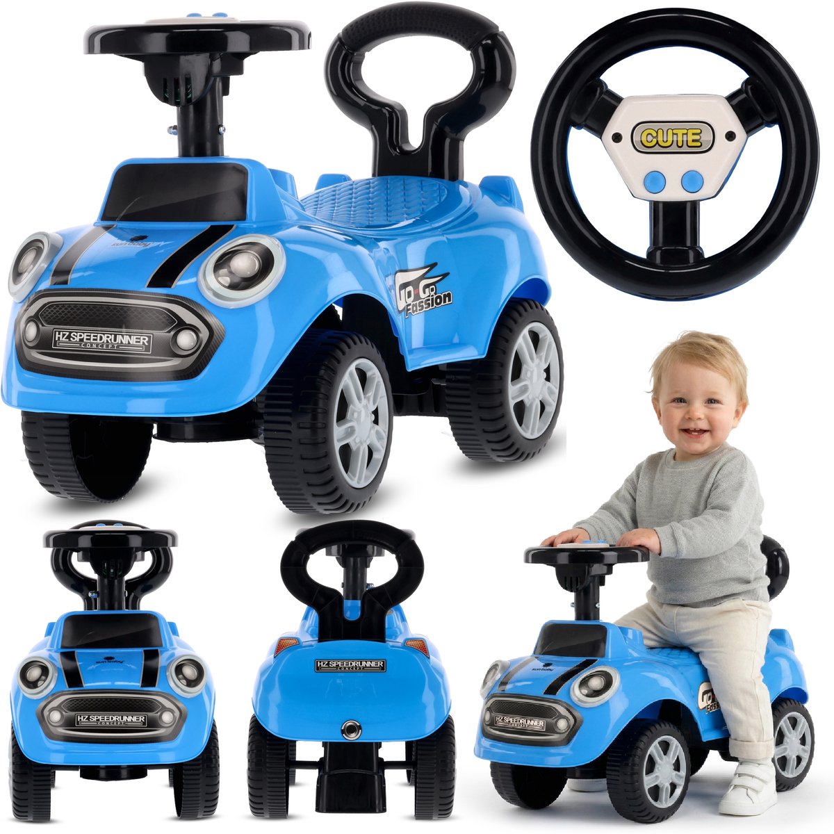 sun baby Loopauto vanaf 1 jaar, auto voor babys, indoor kinderauto met geluiden, grote kunststof wielen, Kantelbeveiliging, beperkt draaivermogen (Blauw)