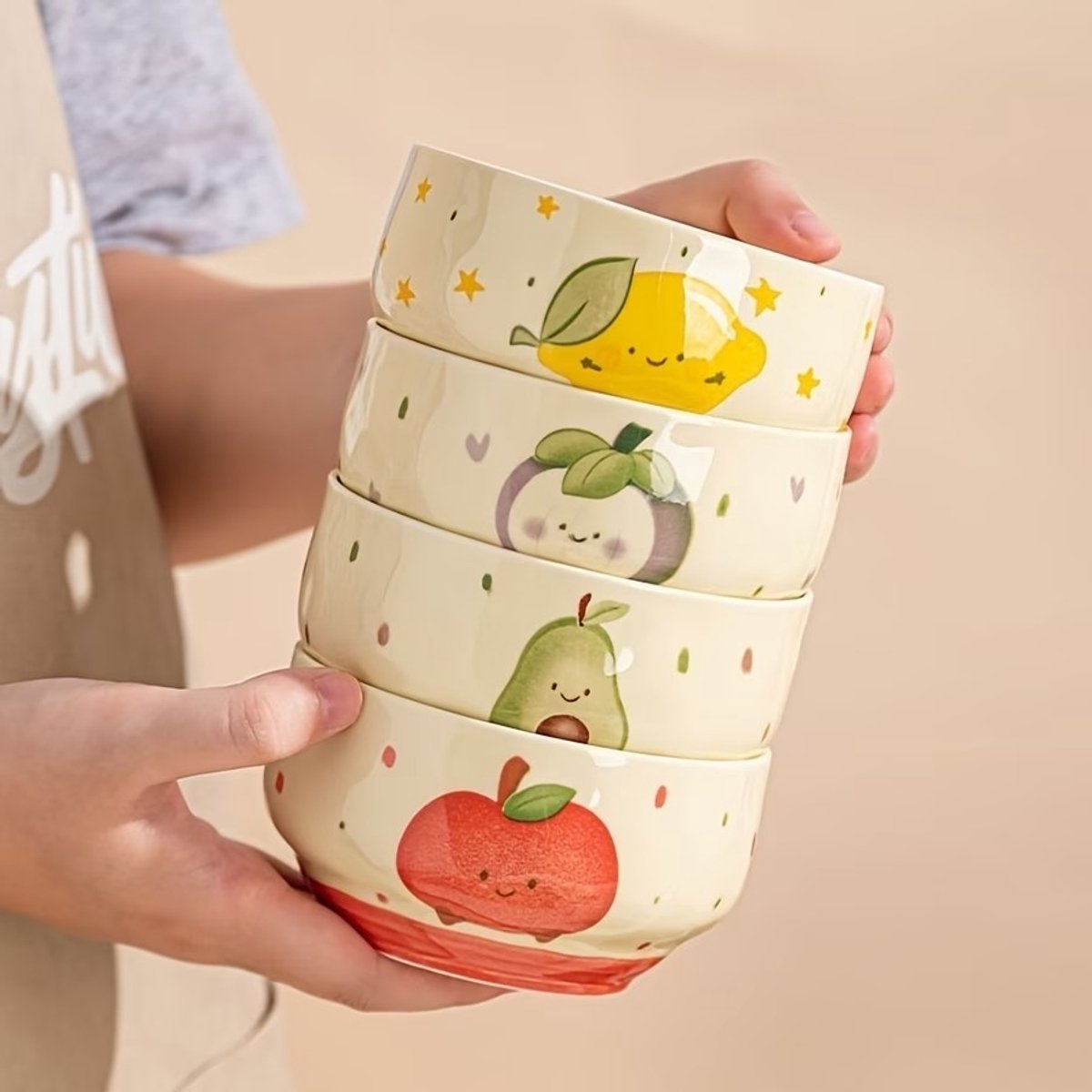 4Cs Schattige Keramische Kom met Fruitpatroon, Granenkom/Yoghurtkom/Brekkom, 6 x 11,5 cm