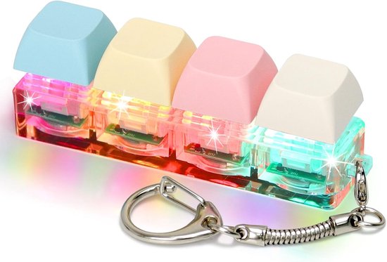 Een blauwe, gele, roze en witte toetsenkap sleutelhanger met RGB-verlichting.