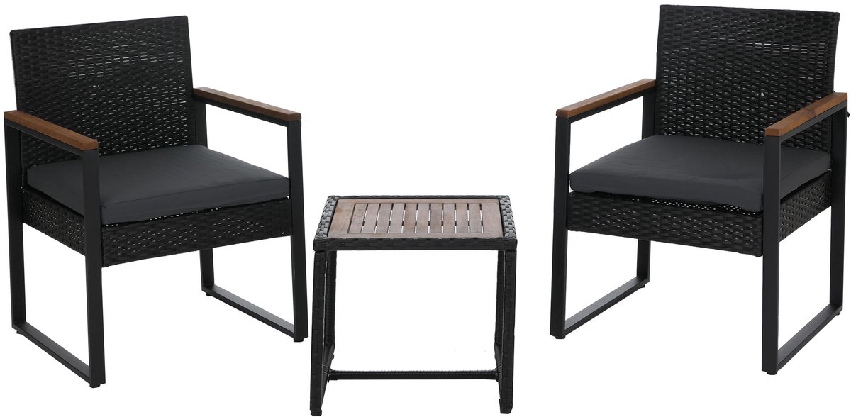 Polyrotan garnituur MCW-P74, loungeset tuin 2x stoel tafel, acaciahout stof 180 g/m² ~ zwart, bekleding grijs