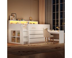 REDOM Halfhoogslaper 90x200 cm – Met Verplaatsbaar Bureau, 3 Lades & LED Verlichting – Ruimtebesparend Kinderbed Voor Kinderkamer – MDF – Wit