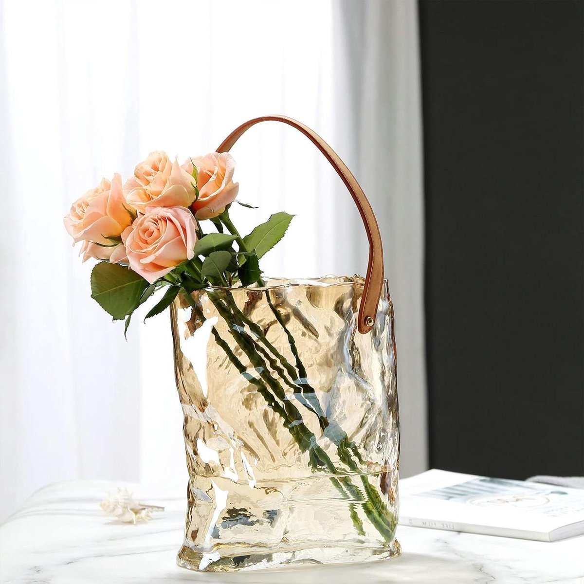 Handtas Vaas - Glazen Decoratie - Huis Verfraaien - Handgeblazen Glas - S 16.5cm Hoog - Goud