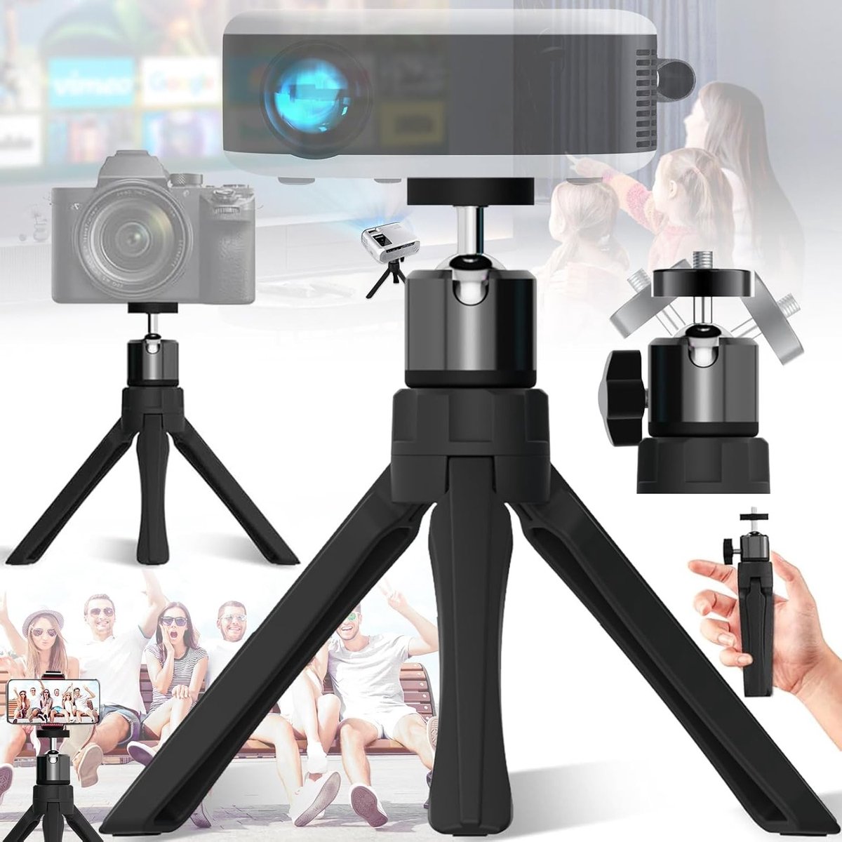 Compacte Mini Projector Statief met 1/4 Inch Schroefdraad, Verstelbare Hoogte en 360° Draaibare Balhoofden voor Stabiliteit en Flexibiliteit