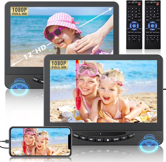 Auto DVD-speler - Hoofdsteun schermen - Kinderen Vermaken - Dubbele 1080p schermen - 12 Inch - Zwart