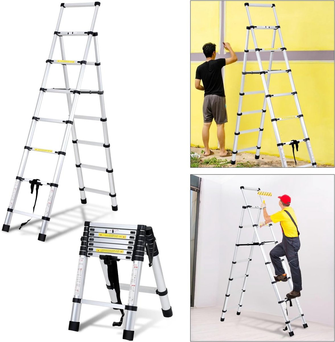 Telescopische Ladder - Aluminium Stepladder - Binnenshuis Klussen - Inklapbaar Ontwerp - 2.3 Meter - Zilver