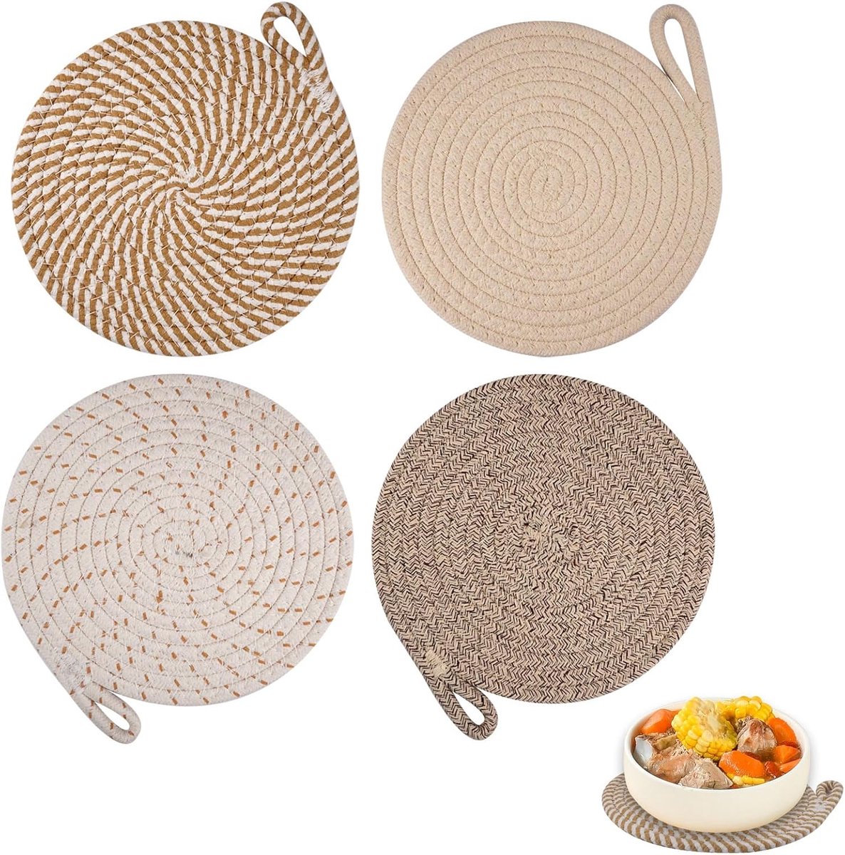 Set of 4 Washable Cotton Coasters, 20 cm, Round for Pots, Pans, Plates