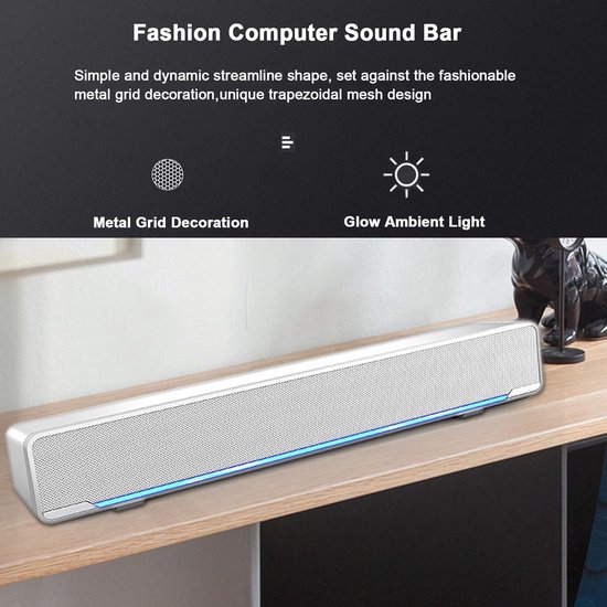 Soundbar, USB Wired Stereo Soundbar 3D Stereo Sound Soundbar with Blue LED Breathing Light for TV Speakers/Home Cinema, Gaming, Projectors, 12 Inch — afbeelding 2
