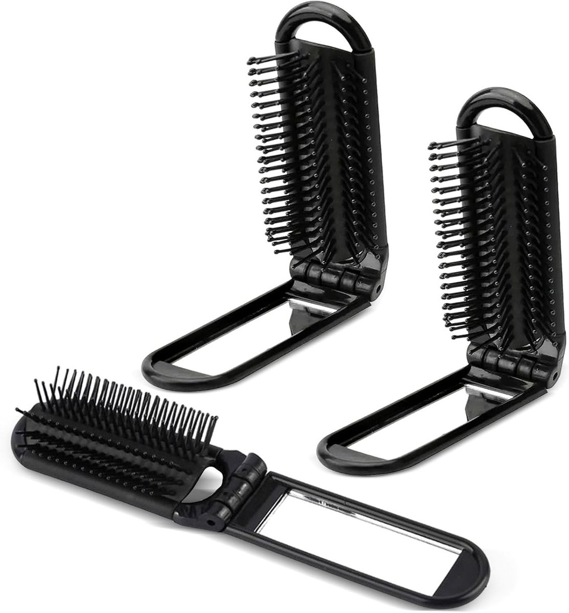 Vouwbare Reis Haarborstel Set, 3 Stuks Opvouwbare Mini Haarborstels met Spiegel, Compacte Zwarte Borstel voor Thuis en Op Reis