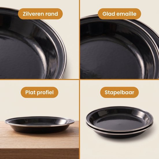 Cheqo® Campingborden Set van 2 - Emaille Borden - Camping Servies - Campingbord - Outdoor Borden - Emaille Servies - Metalen Borden voor Kamperen en Picknicken - Dinerborden - Zwarte Borden - Geëmailleerde Borden - Kampeerservies — afbeelding 4