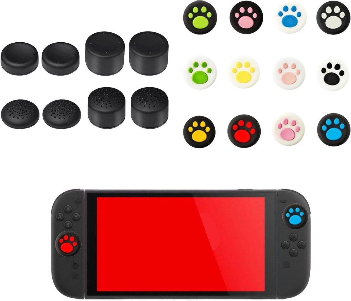 8 x Zwarte Verlengde Joystick Caps + 12 x Kattenklauw Thumb Grips voor Nintendo Switch 2 (2025) - Reserveonderdelen voor Verbeterde Grip, Comfort en Duurzaamheid