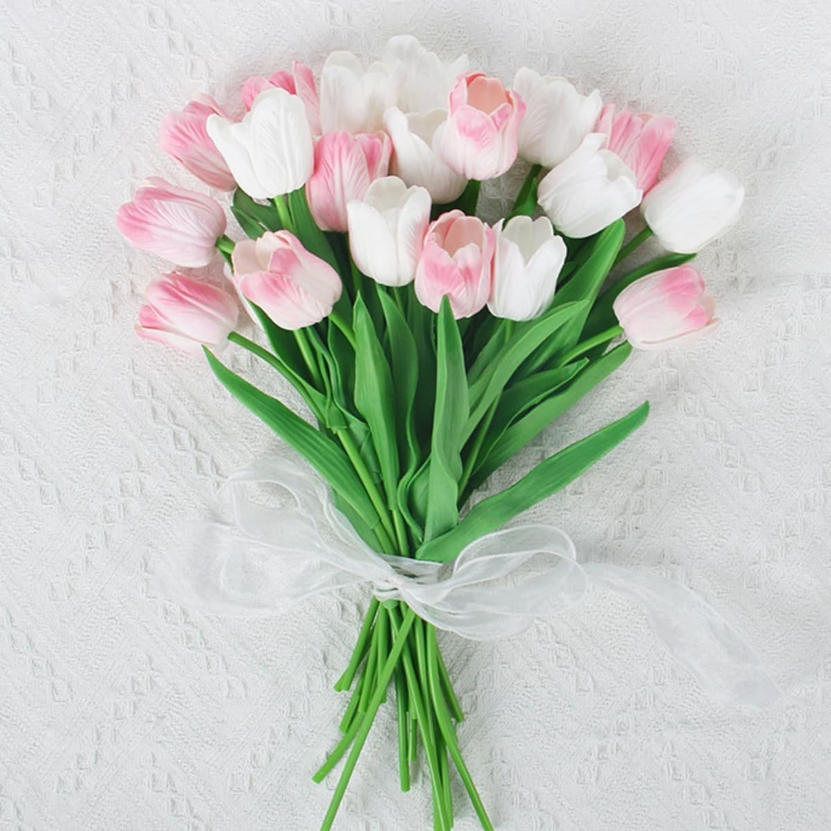 10 Stuks Kunstbloemen Boeket met Witte en Roze Tulpen van Latex voor Thuisdecoratie en Bruiloften
