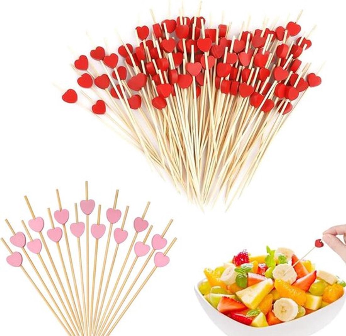 Houten cocktailspiesen 200 stuks voor bars, cake, feestjes - Roze en rood 12 cm.