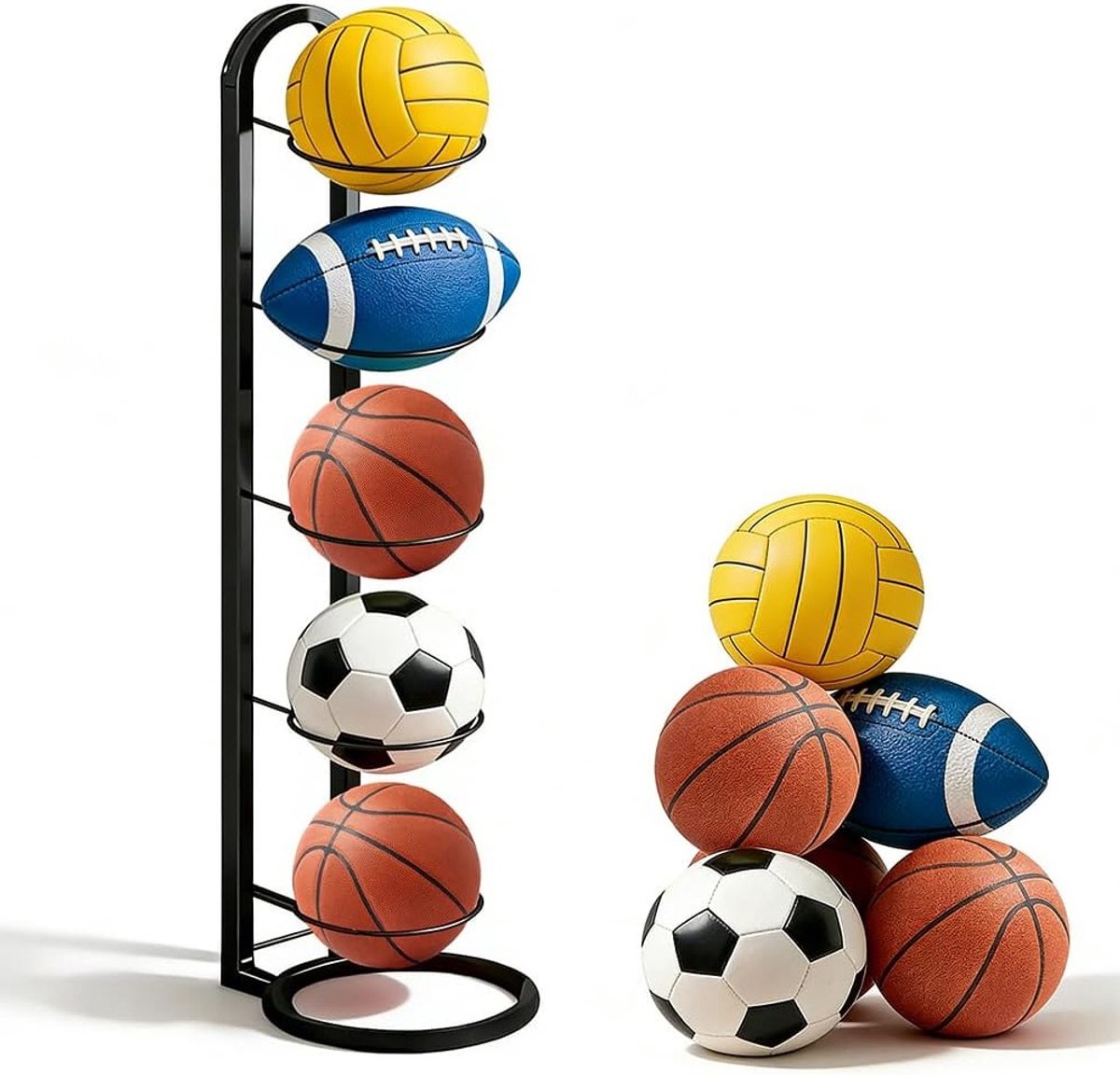 5-traps balstandaard voor voetbal en basketbal, afneembaar en stevig metalen balrek, ideaal voor sportaccessoires en opslag