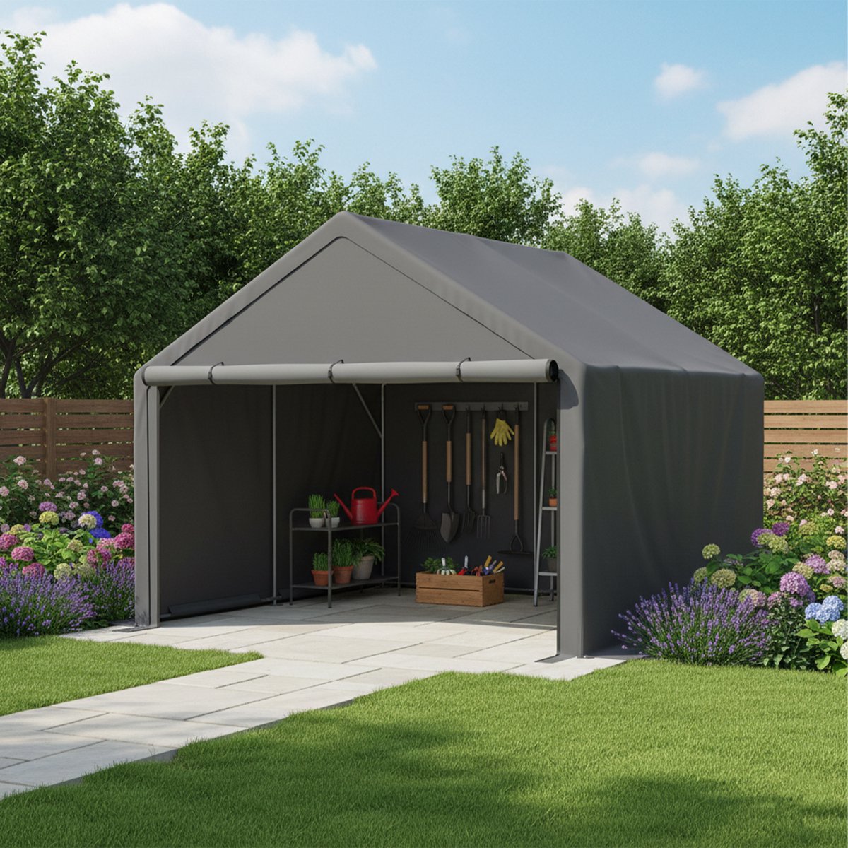 Tuinhuis met Schuin Dak – Gereedschapsschuur - 305x296x233 cm - Outdoor Tuinopslag - Voor Achtertuin, Terras en Grasveld - Weerbestendig - Grijs