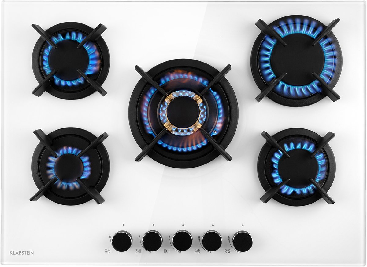 Klarstein Goldflame 5 gaskookplaat 5-pits messing-brander - 34 kW 24 kW 2 x 18 kW en 10 kW - voor vloeibaar- of aardgas - glaskeramiek