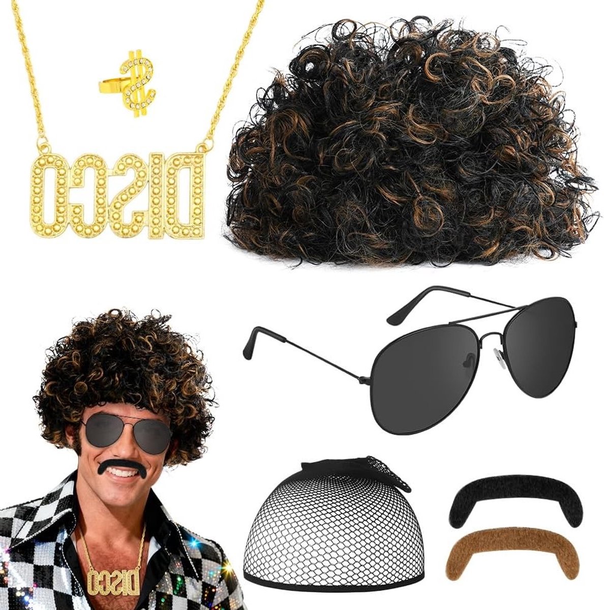 Disco Afro Peruk voor Mannen met 80 Gouden Kettingen, Zonnebril, Ringen en Baard - Vintage Haar Outfit voor Rockster Kostuum en Halloween Cosplay