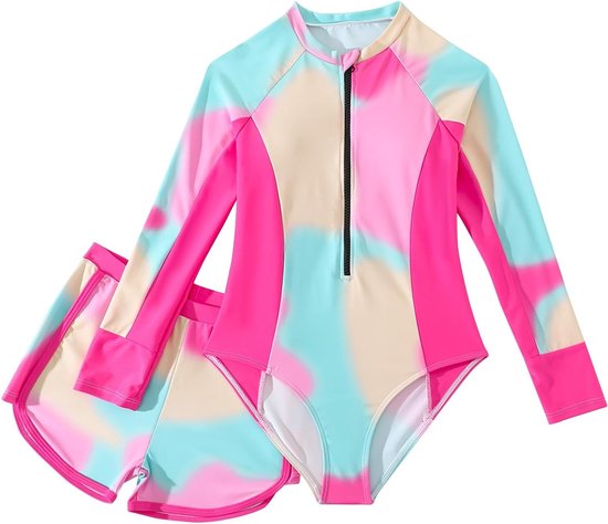 Meisjes Tweedelige Badset met Lange Mouwen Rashguard en Shorts voor 8-13 Jaar Oud, UV-bescherming, Comfortabel en Trendy