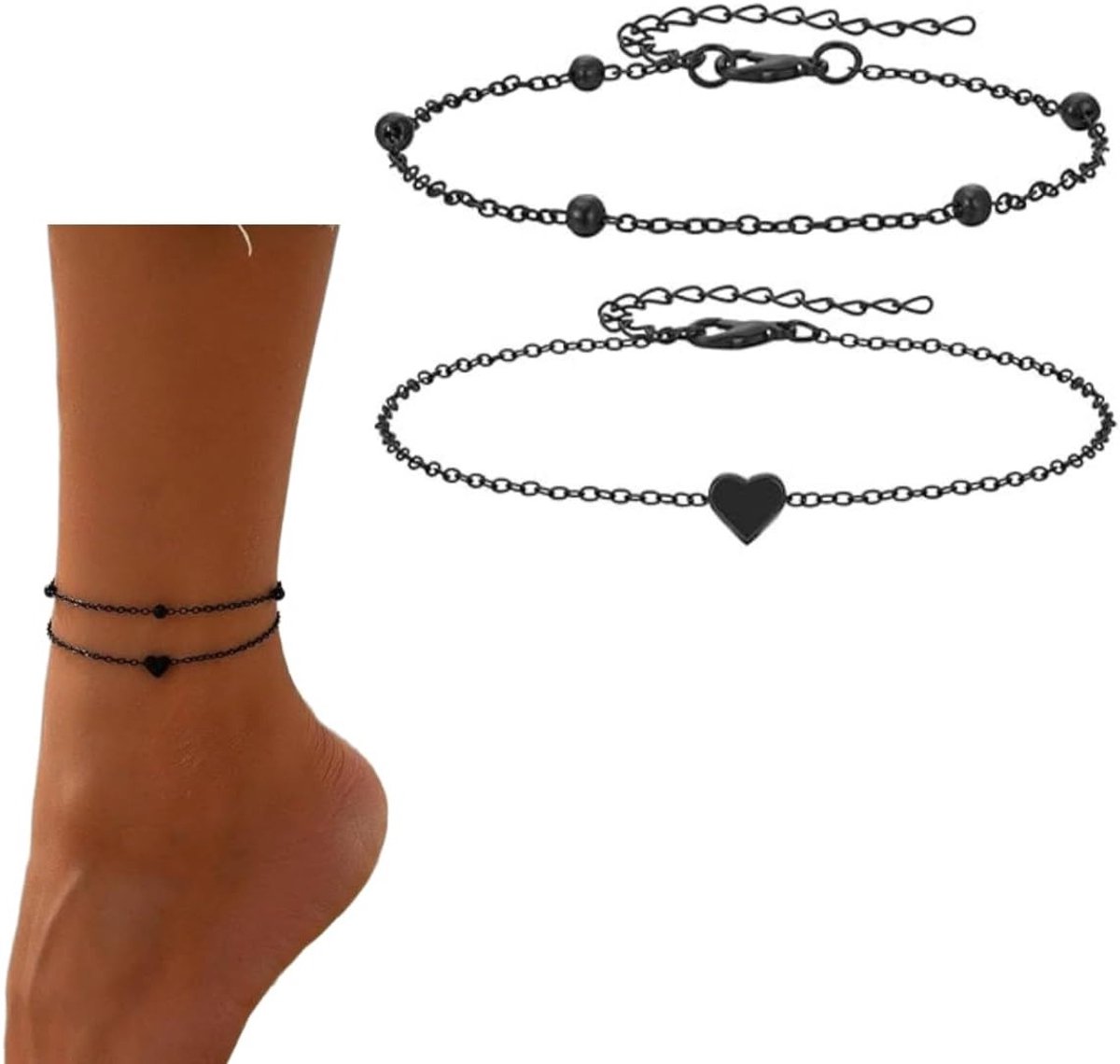 Set van 2 verstelbare zwarte roestvrijstalen enkelbandjes van 22 cm en 7 cm - waterdicht, hypoallergeen, perfect voor zomer, strand en feesten