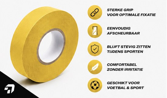 Gele sporttape met tekst over sterke grip, eenvoudig afscheurbaar, blijft stevig zitten, comfortabel en geschikt voor voetbal & sport.