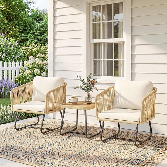 Pugsdrly Rotan bistroset 3-delige FSC-tuinsetset met 2 fauteuils, lamellenhouten tafel, dikke wasbare kussens, stalen frame