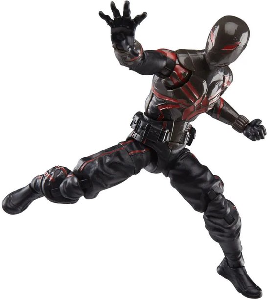 Actiefiguur van Miles Morales in het Brooklyn 2099-pak, klaar om te springen.