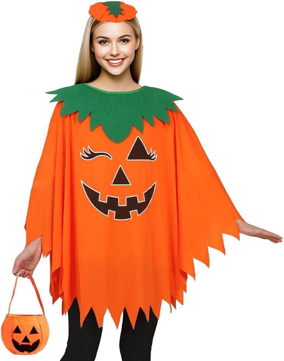 Drie-delige pompoen kostuumset voor dames, oranje pompoencape met hoed en pompoentas, perfect voor Halloween en feestdecoratie, inclusief accessoires