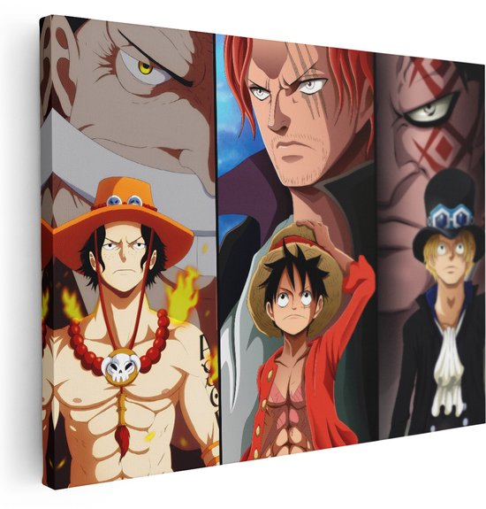 Toile représentant des personnages d'anime : Portgas D. Ace, Shanks, Monkey D. Luffy et Sabo.