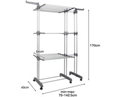 LUMÉ STORE Droogrek - Droogtoren - Wasrek - XL - 3 Niveaus - 6 Vleugels - Uitschuifbaar - Wielen - Opvouwbaar - 75-142cm - Grijs