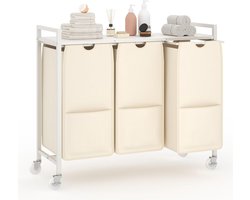 Wasmand met 3 uittrekbare oxfordzakken, legplank, metalen frame en wieltjes, wit 84x30x76,5cm, verrijdbaar voor badkamer en slaapkamer
