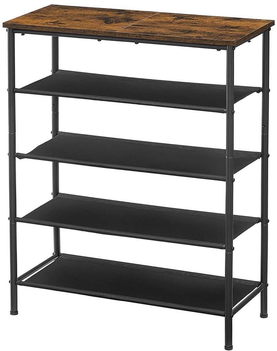 Schoenenrek schoenenopbergrek opbergrek 30×75×91 cm bruin + zwart smal ruimtebesparend ontwerp met 4 stoffen opbergvakken + bovenste opbergplank stevige en duurzame stalen constructie eenvoudig te monteren en schoon te maken geschikt voor hal en gang