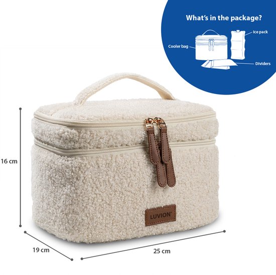 LUVION® Luxe Teddystof Borstvoeding Kolftas – Geïsoleerde Moedermelk Koeltas met Koelelement – Flessentas voor Onderweg - Moedermelk tot 12 uur Koel - Wit — afbeelding 3