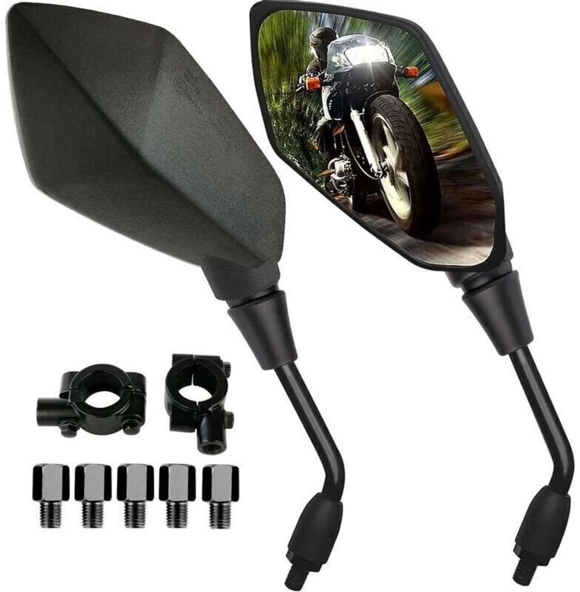 Motorfiets zijspiegels, een set van 2, geschikt voor motorfietsen en fietsen, met 7/8 inch stuureindkappen, inclusief 5 bouten (10 mm en 8 mm), geschikt voor motorfietsen en fietsen.