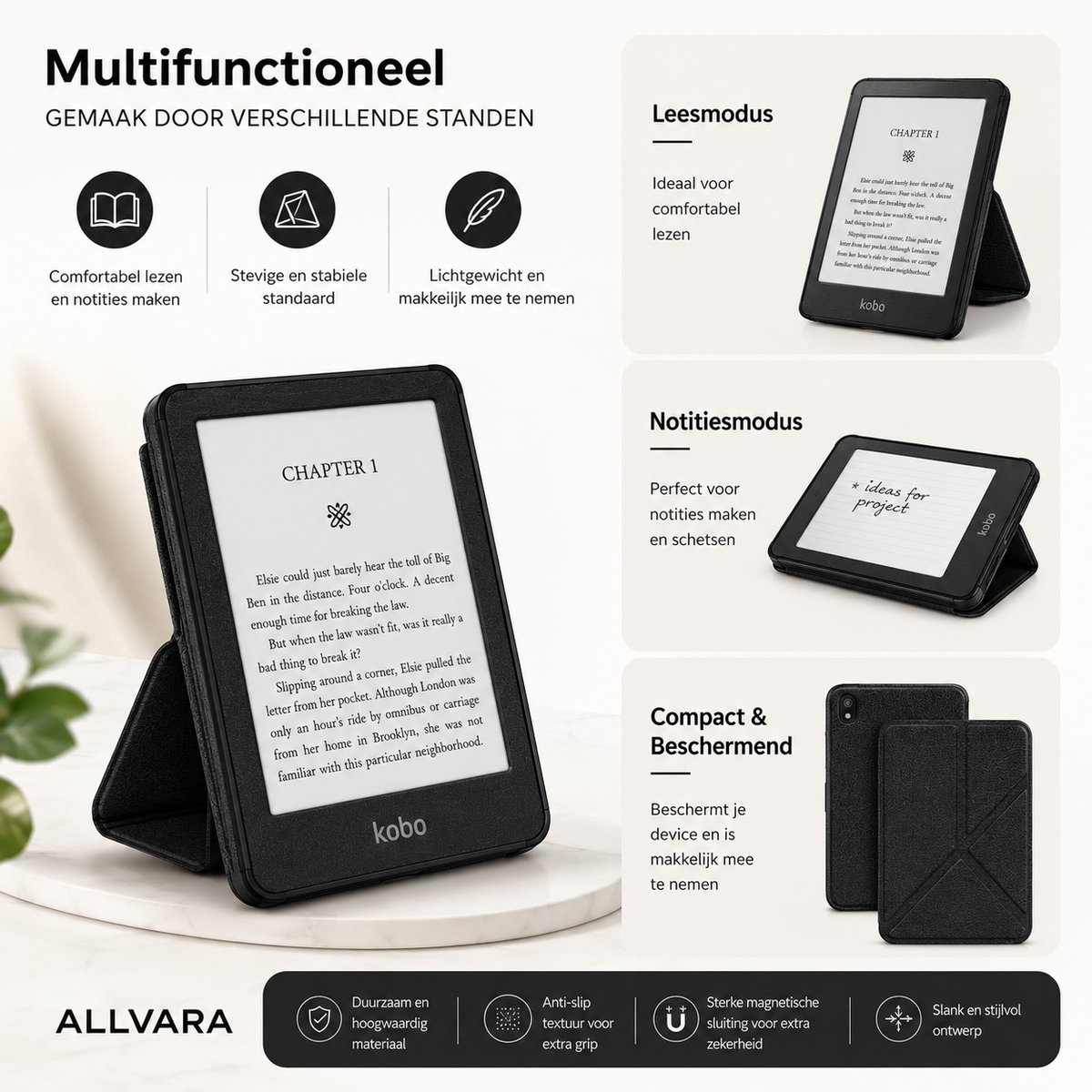 Allvara® Ereader hoes - Kobo Clara BW - Multifunctioneel - Ingebouwde standaard Trifold - Wake/Sleep Cover - 360° Bescherming - Zwart – foto 3