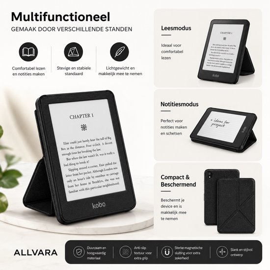 Allvara® Ereader hoes - Kobo Clara BW - Multifunctioneel - Ingebouwde standaard Trifold - Wake/Sleep Cover - 360° Bescherming - Zwart — afbeelding 3