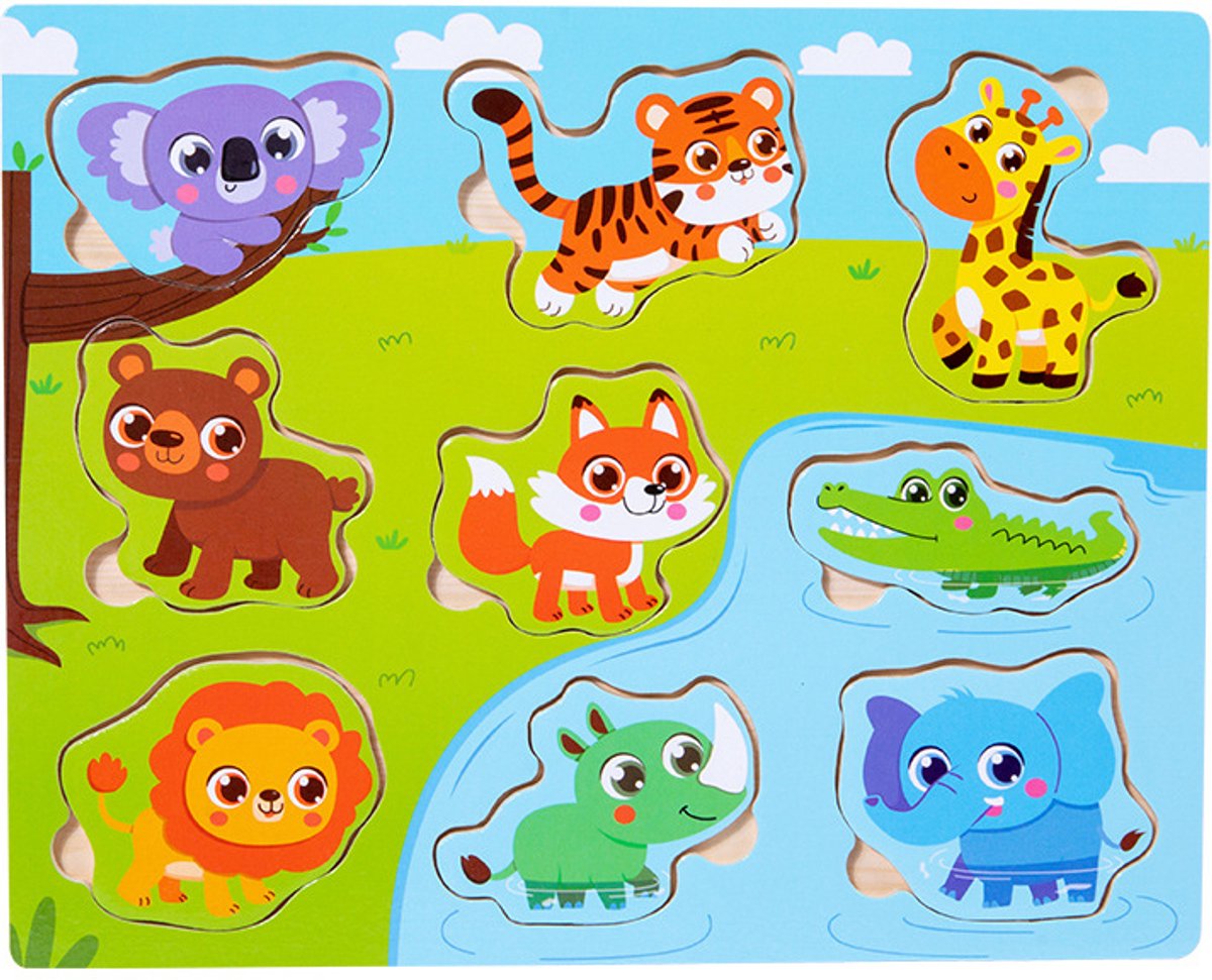 Houten Dieren Puzzel met Handgrepen – Educatief Leerspeelgoed voor Kinderen vanaf 1 Jaar, Vormen- en Dierenherkenning, Stimuleert Fijne Motoriek en Hand-Oogcoördinatie