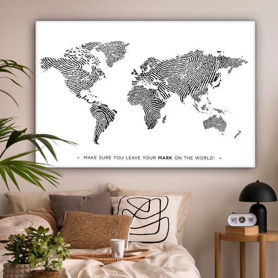 Wereldkaart en toile - Citation - Empreinte digitale - 180x120 cm - Décoration murale