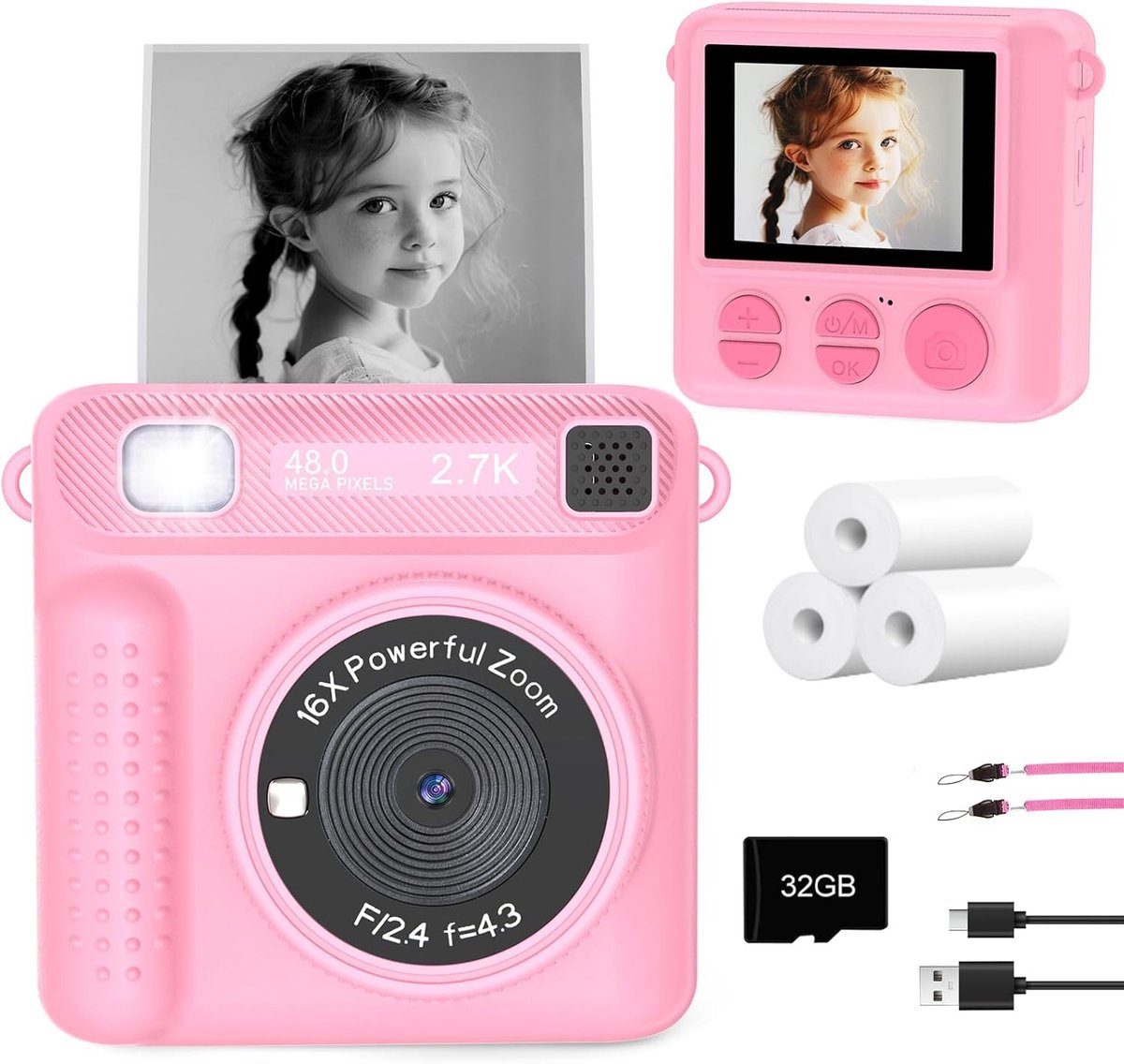 Direct Klaar Camera voor Kinderen - 48MP Kindercamera met Printer - 1080P HD Video & 2.4" Scherm - Incl. 32GB Kaart & 3 Rollen Papier - Roze